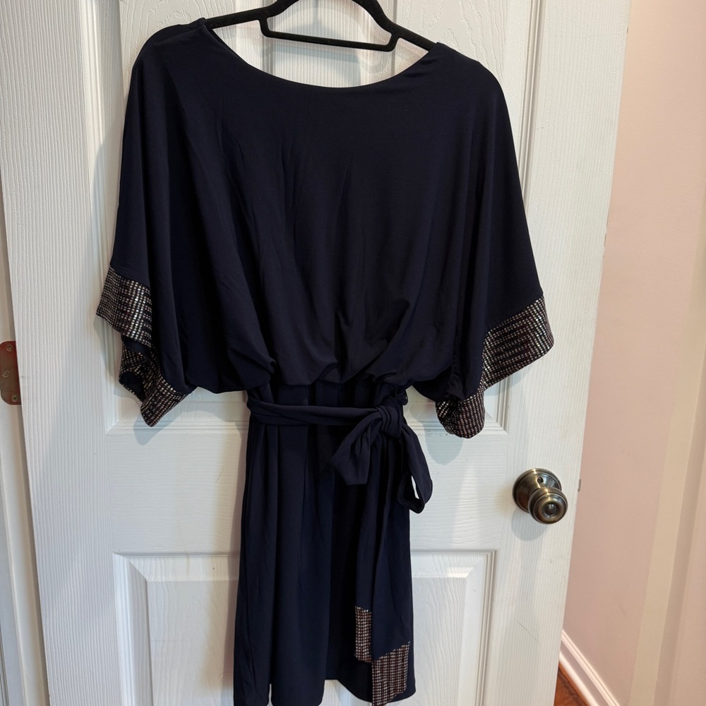 Elegant Navy Dress with Gold Metallic Accents EUC